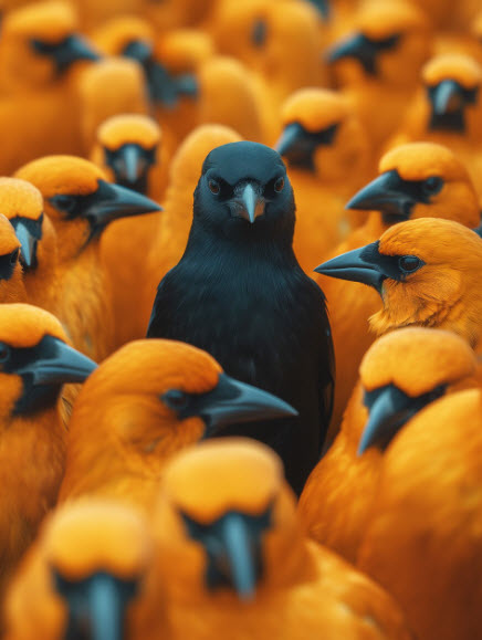 Non conforming black bird standing out in a flock of birds